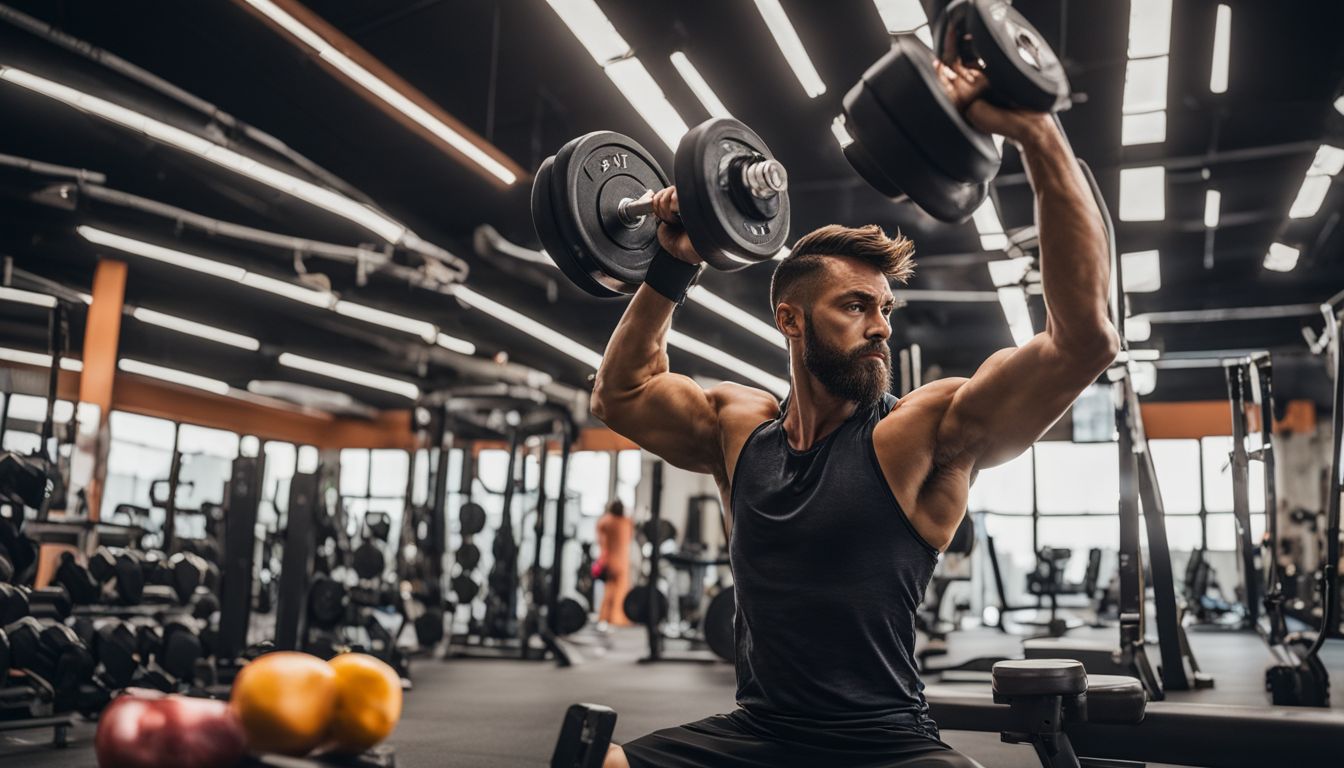 A man working out in a gym with various supplements and fitness equipment.