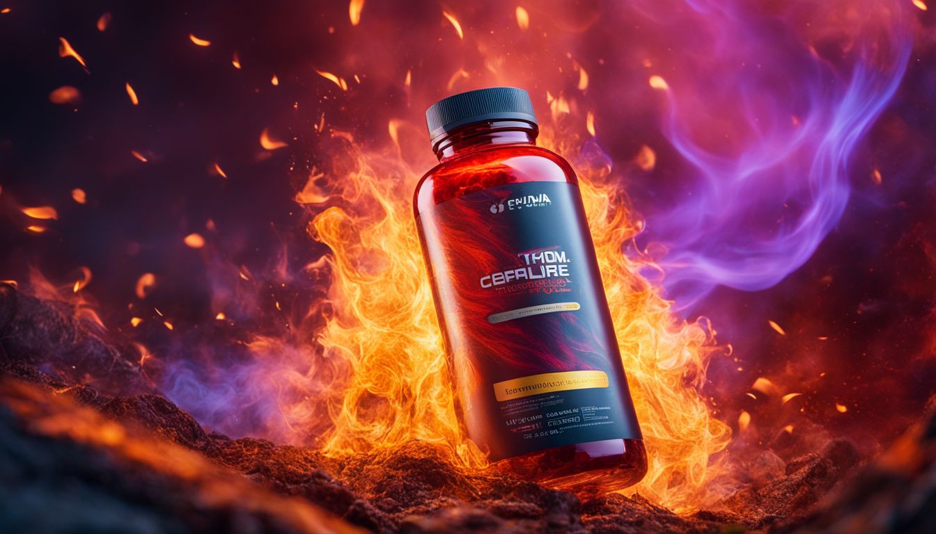 A bottle of thermogenic supplements surrounded by flames with a diverse group of people.