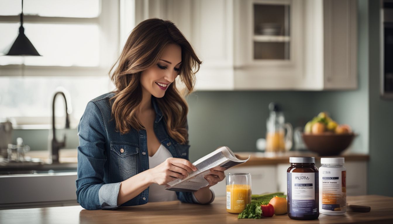 A person reading the FDA label on a bottle of weight loss supplements in a modern kitchen.