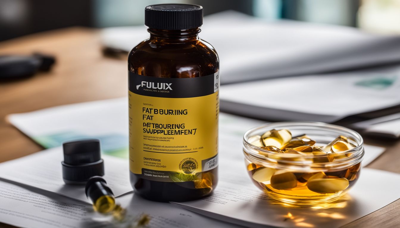 A bottle of fat burning supplements surrounded by diverse research and photography.