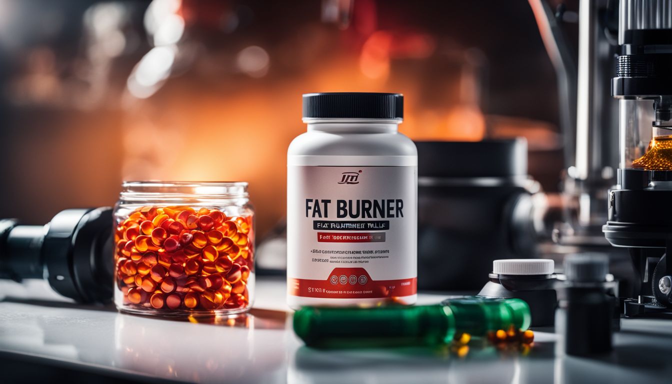 A bottle of fat burner pills in a science lab surrounded by lab equipment and people.