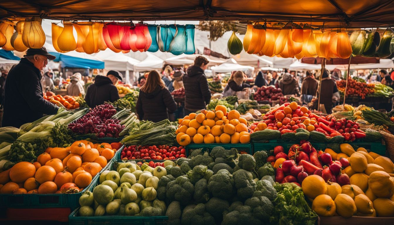 A vibrant farmers' market with a variety of fresh fruits and vegetables.