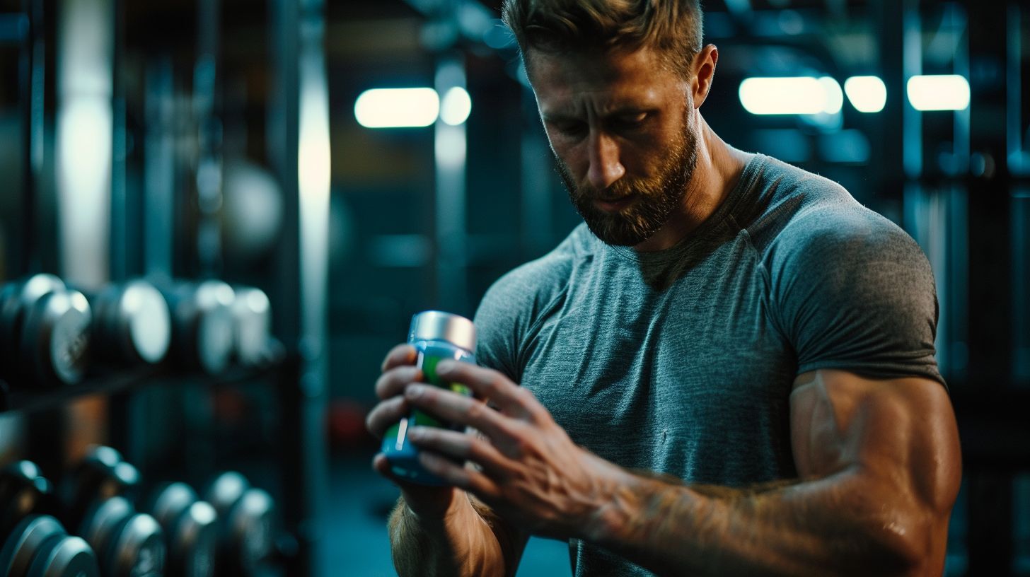 A man holds muscle-building supplements while exercising in a gym.