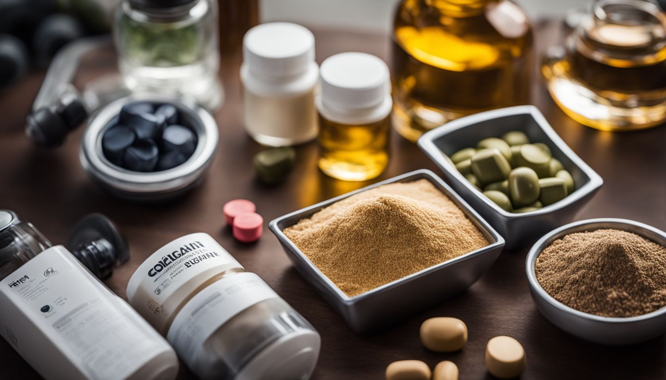 A variety of supplements arranged in a fitness studio.