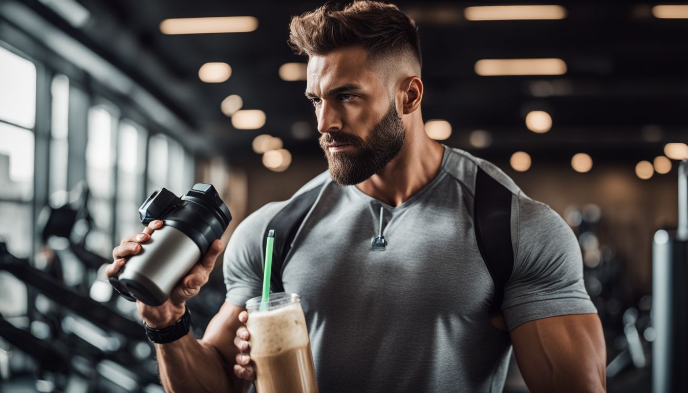 A man drinking a protein shake in a modern gym.