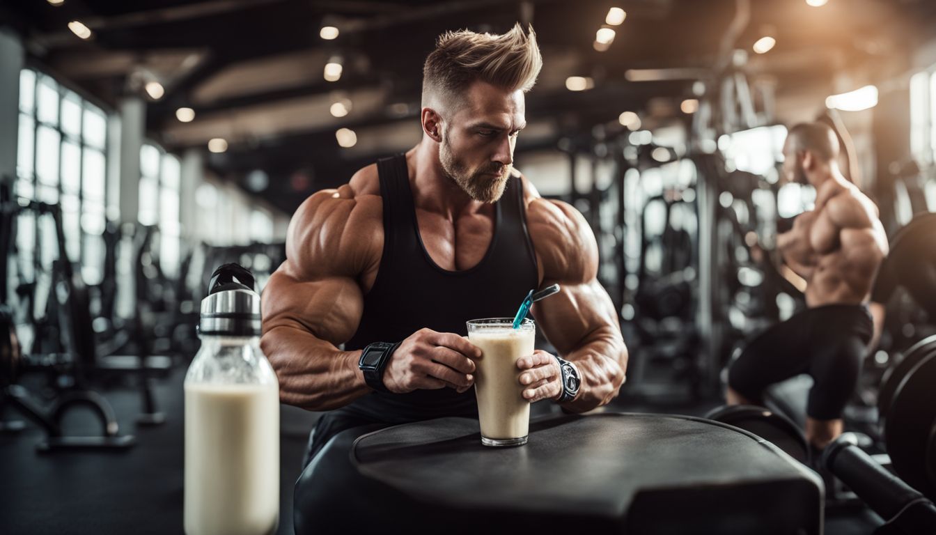 A bodybuilder drinking a protein shake in a gym.