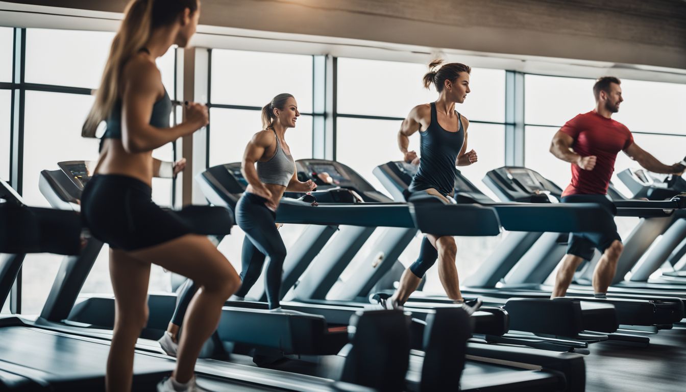 A person exercising on a treadmill surrounded by fat burners.