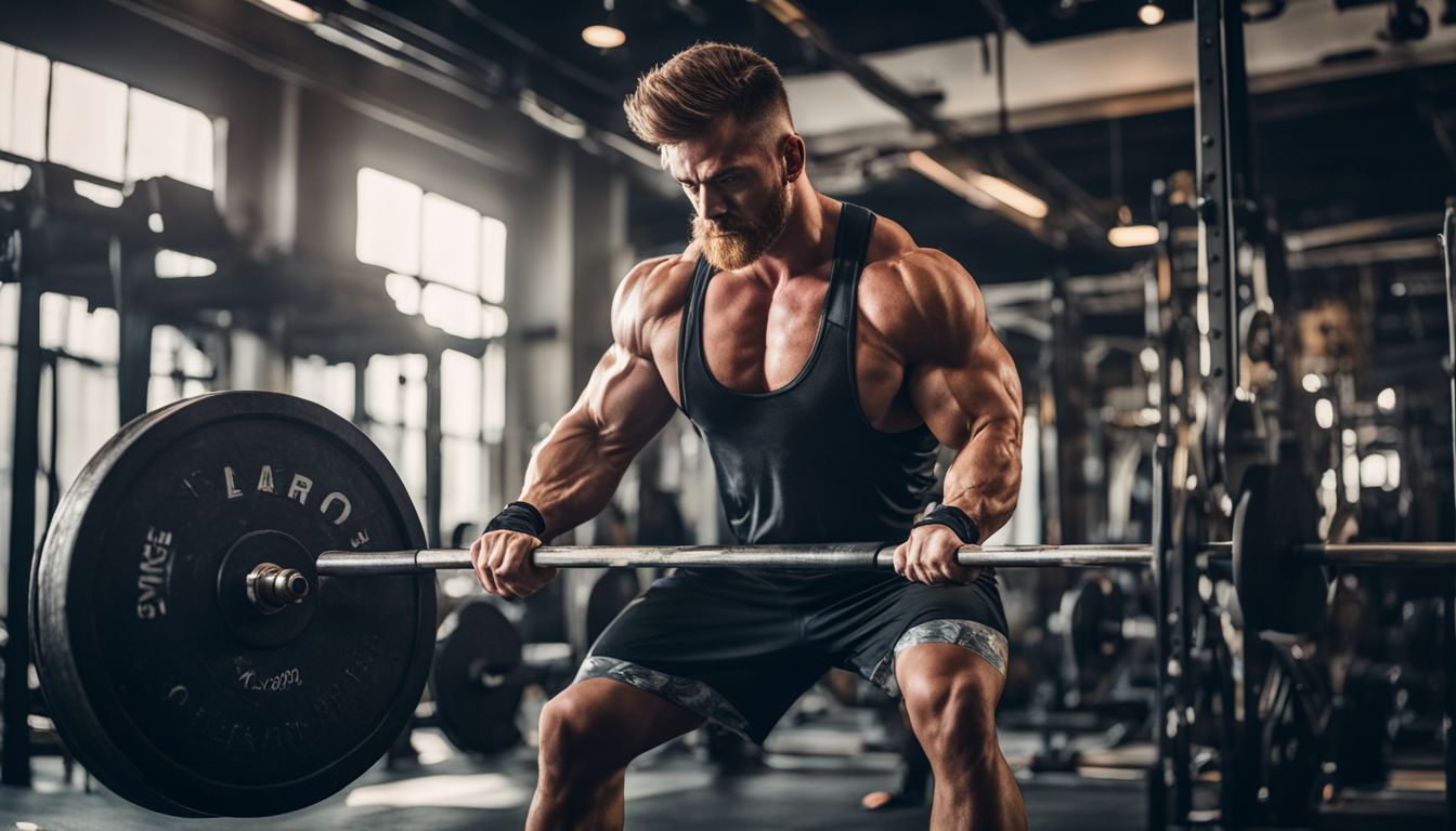 A weightlifter lifting weights with amino acid supplements in a gym.