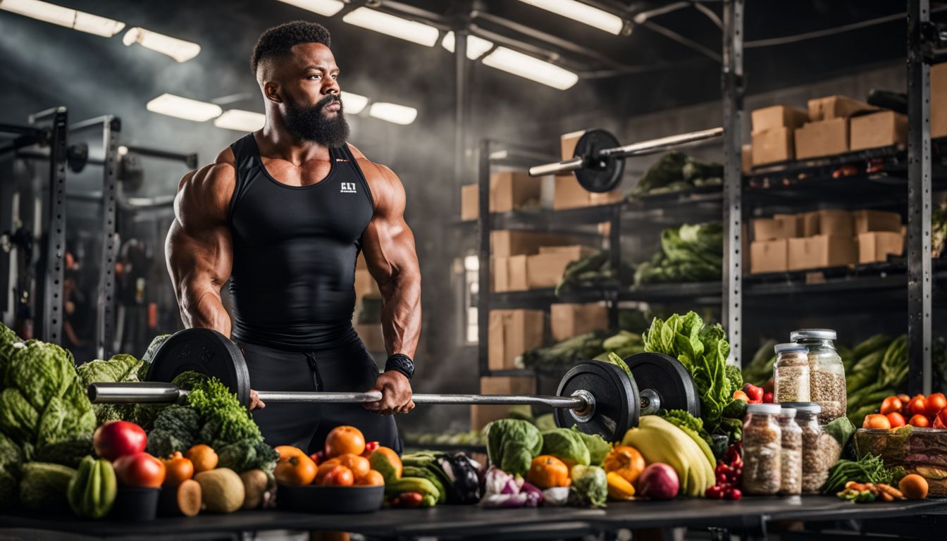 A weightlifter surrounded by supplement containers and fresh produce in a bustling atmosphere.