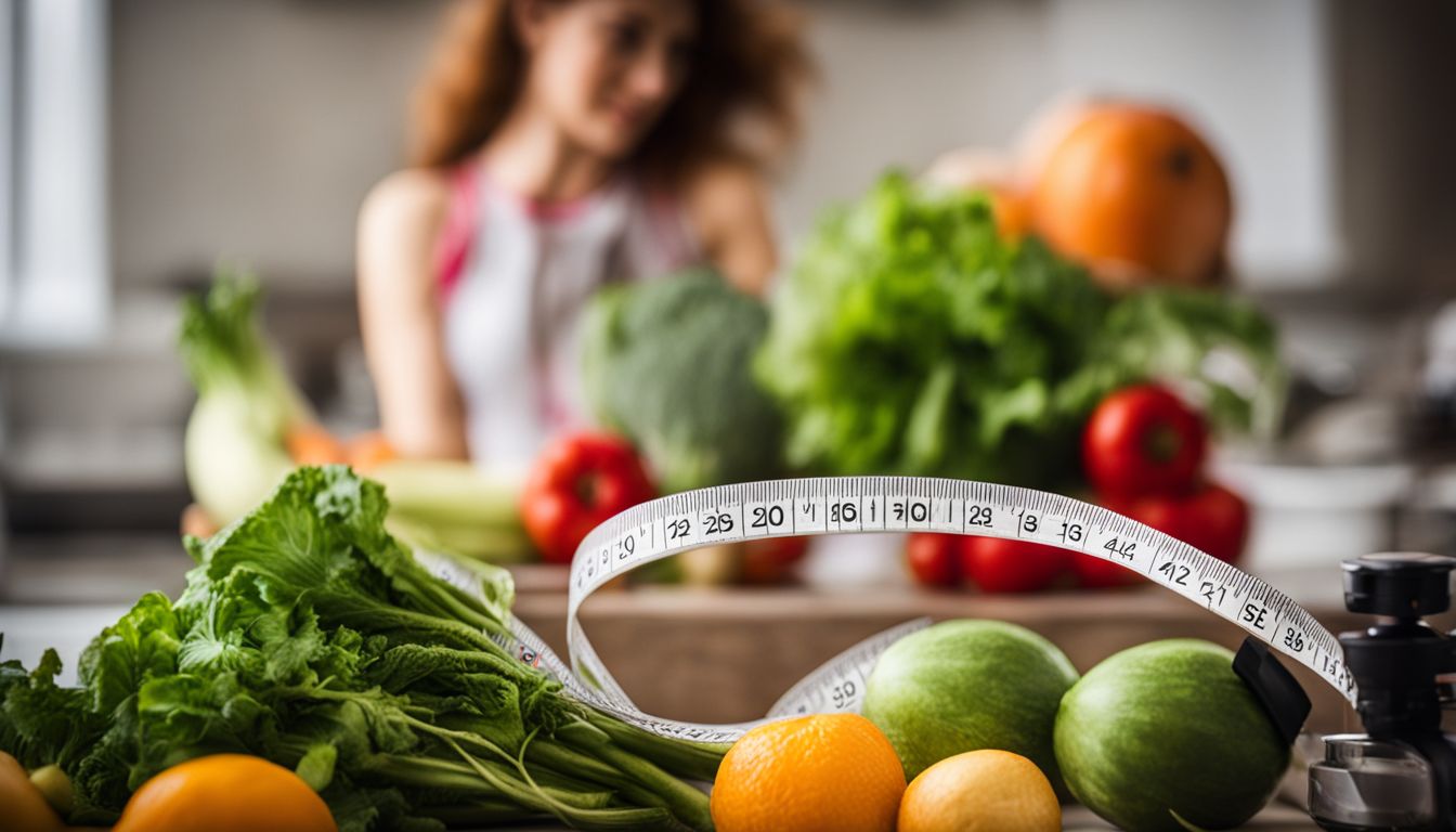 A vibrant still life photo of measuring tape, fresh fruits and vegetables.