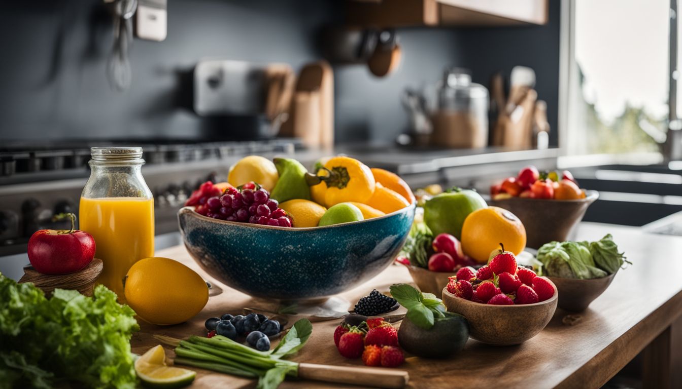 A plate of colorful fruits and vegetables on a kitchen counter.