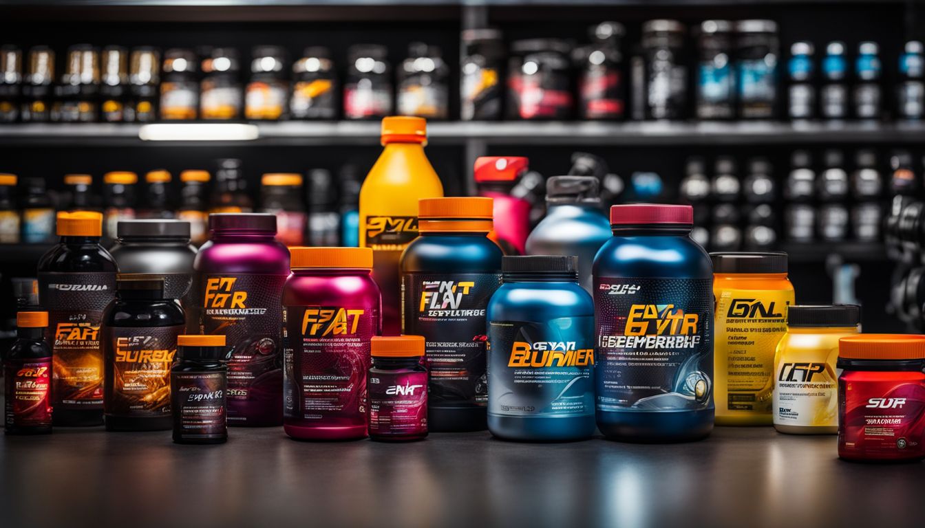 A variety of fat burner supplement bottles displayed in a gym setting.