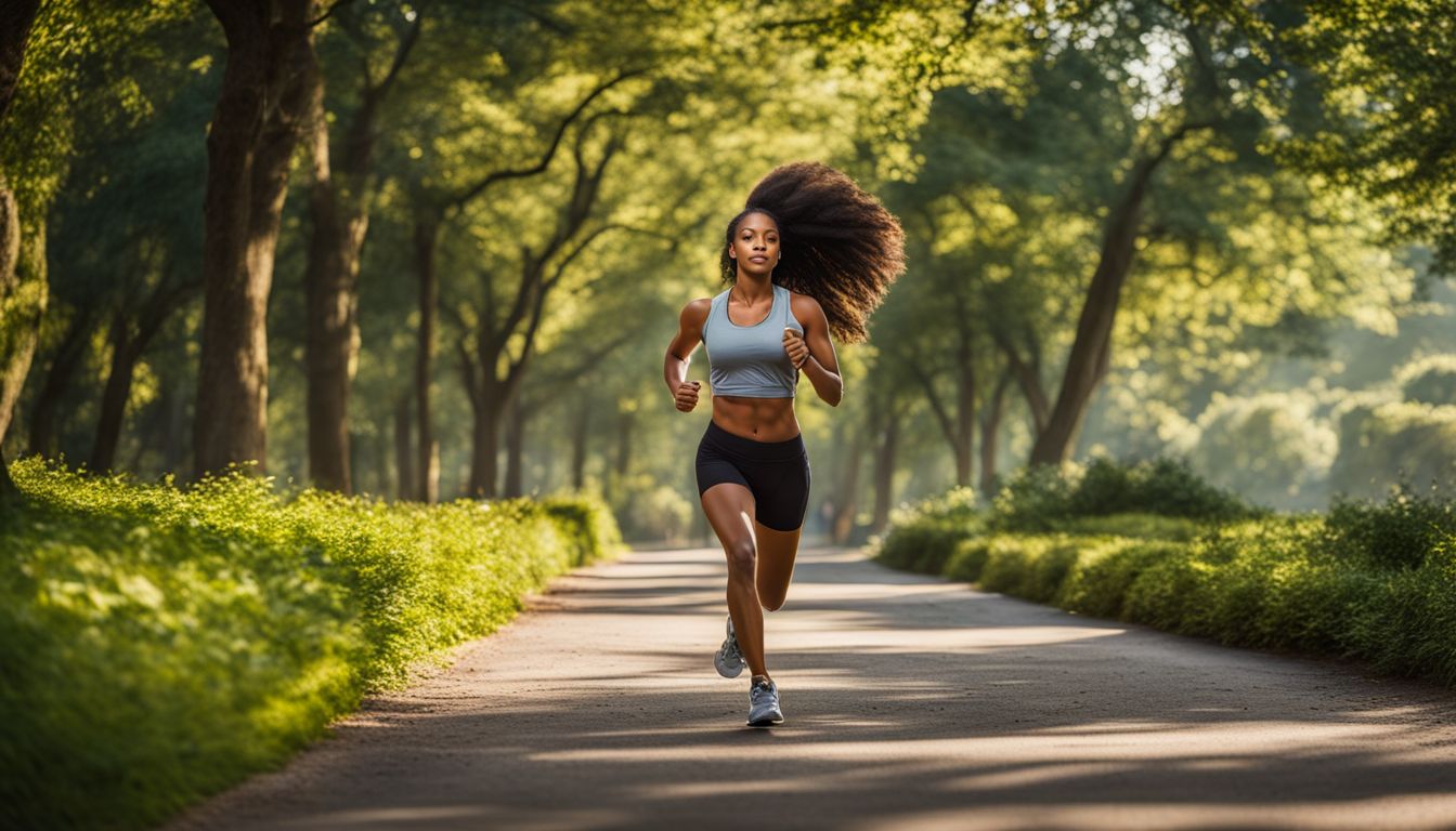 A person jogging in a scenic park surrounded by lush greenery.
