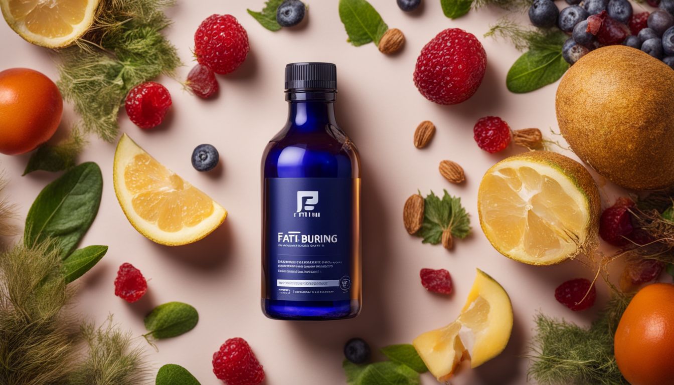 A bottle of fat burning supplement surrounded by natural ingredients in a bustling atmosphere.