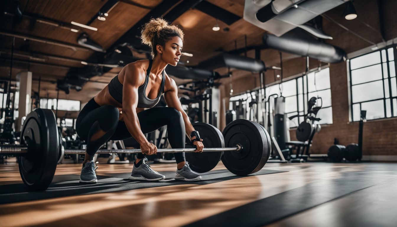 A person working out at the gym surrounded by fat burning supplements.