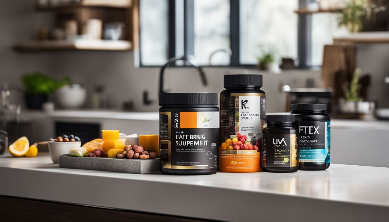 A variety of fat burning supplements arranged on a kitchen counter.
