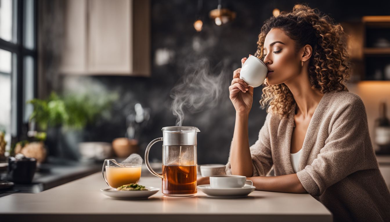 A woman drinking fat burning tea in a modern kitchen.