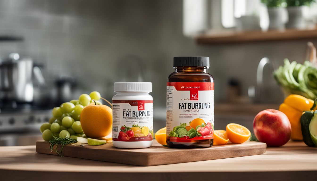 A bottle of fat burning supplements surrounded by fresh fruits and vegetables.