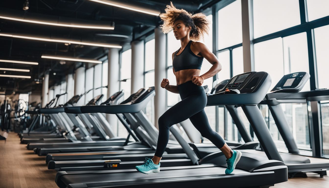 A person runs on a treadmill in a bustling gym.