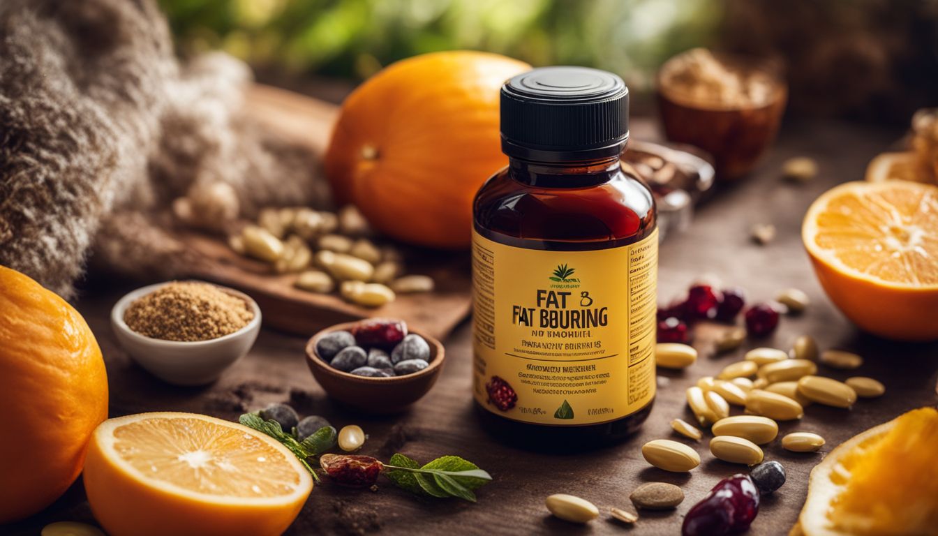 A bottle of fat burning supplements surrounded by natural ingredients.