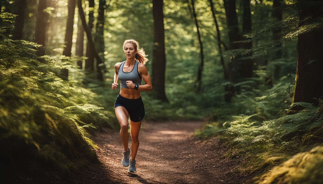 A woman jogging in various outfits on a scenic forest trail.