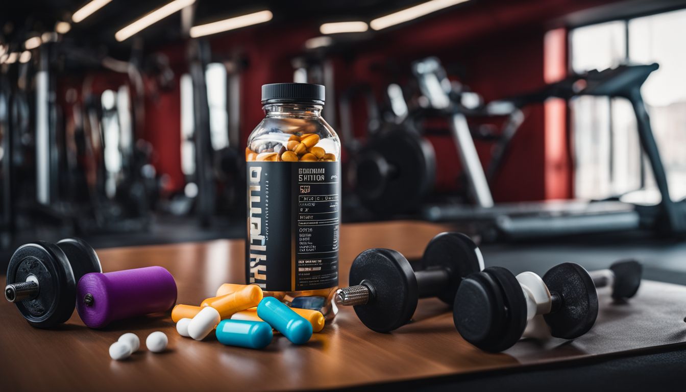 A bottle of fat-burning pills surrounded by fitness equipment in a gym.