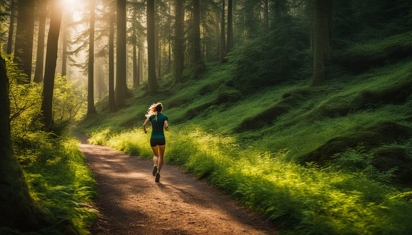 A person jogging through a lush forest trail surrounded by vibrant greenery.
