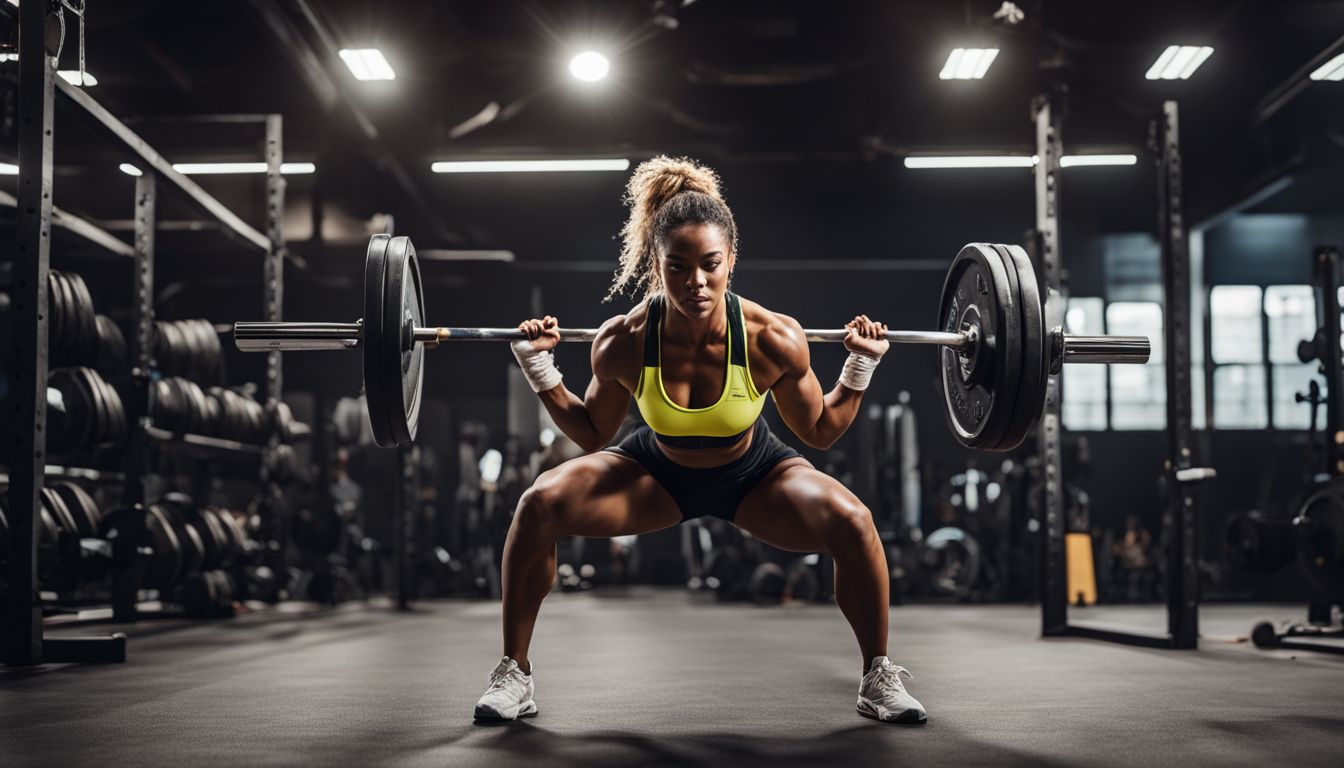A fit athlete weightlifting in a bustling gym atmosphere.