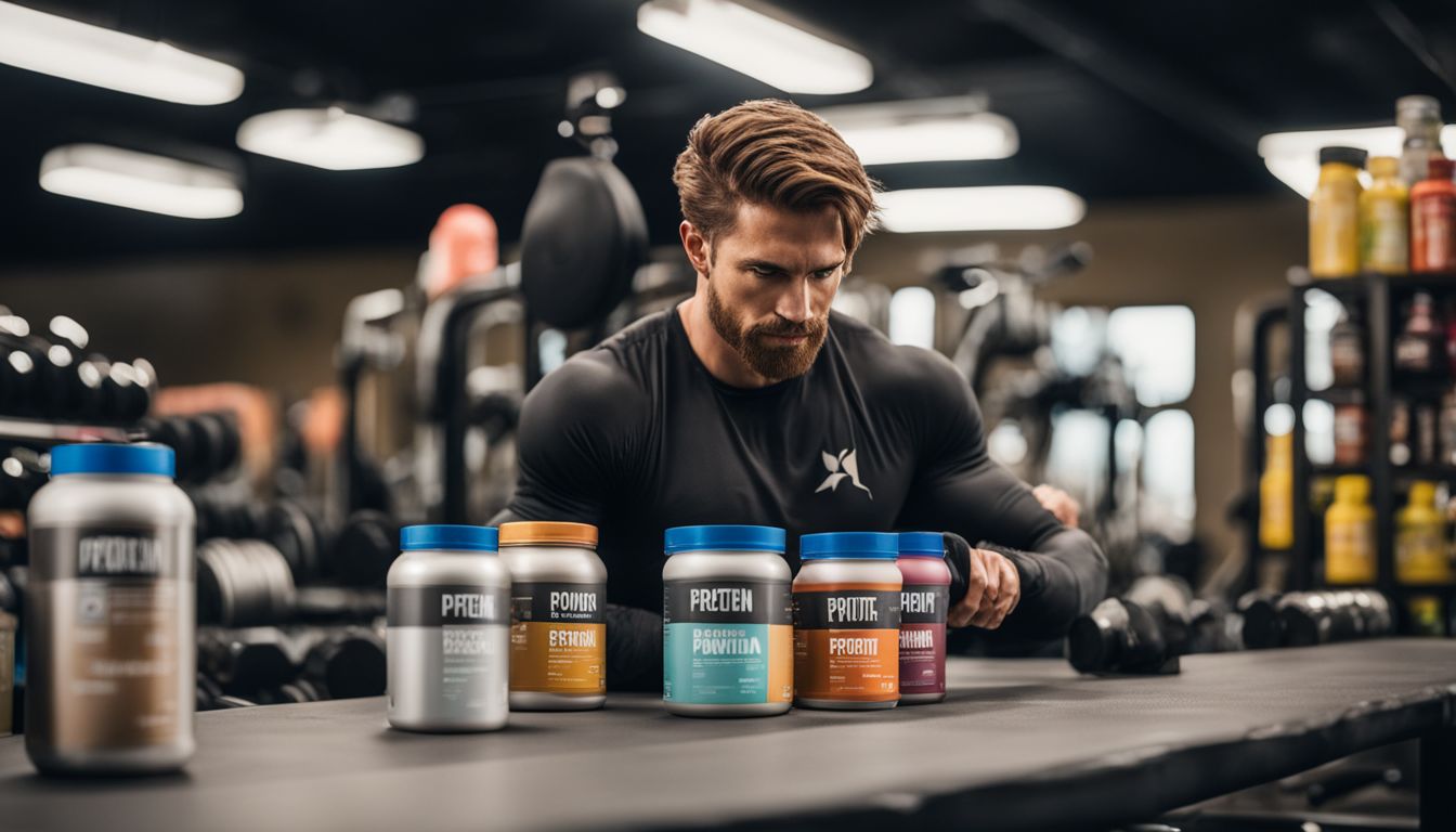 A man works out in a gym surrounded by protein supplements.