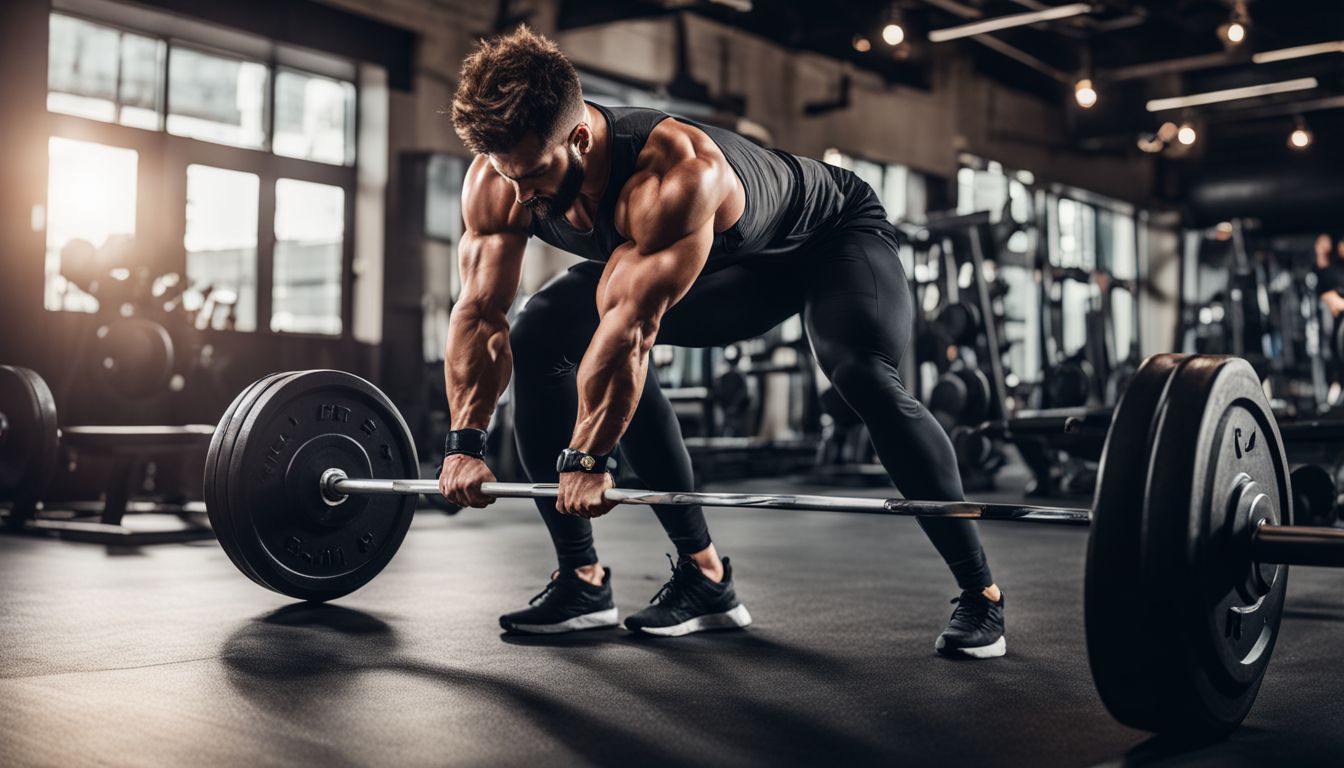 A man lifting weights in a modern gym environment.