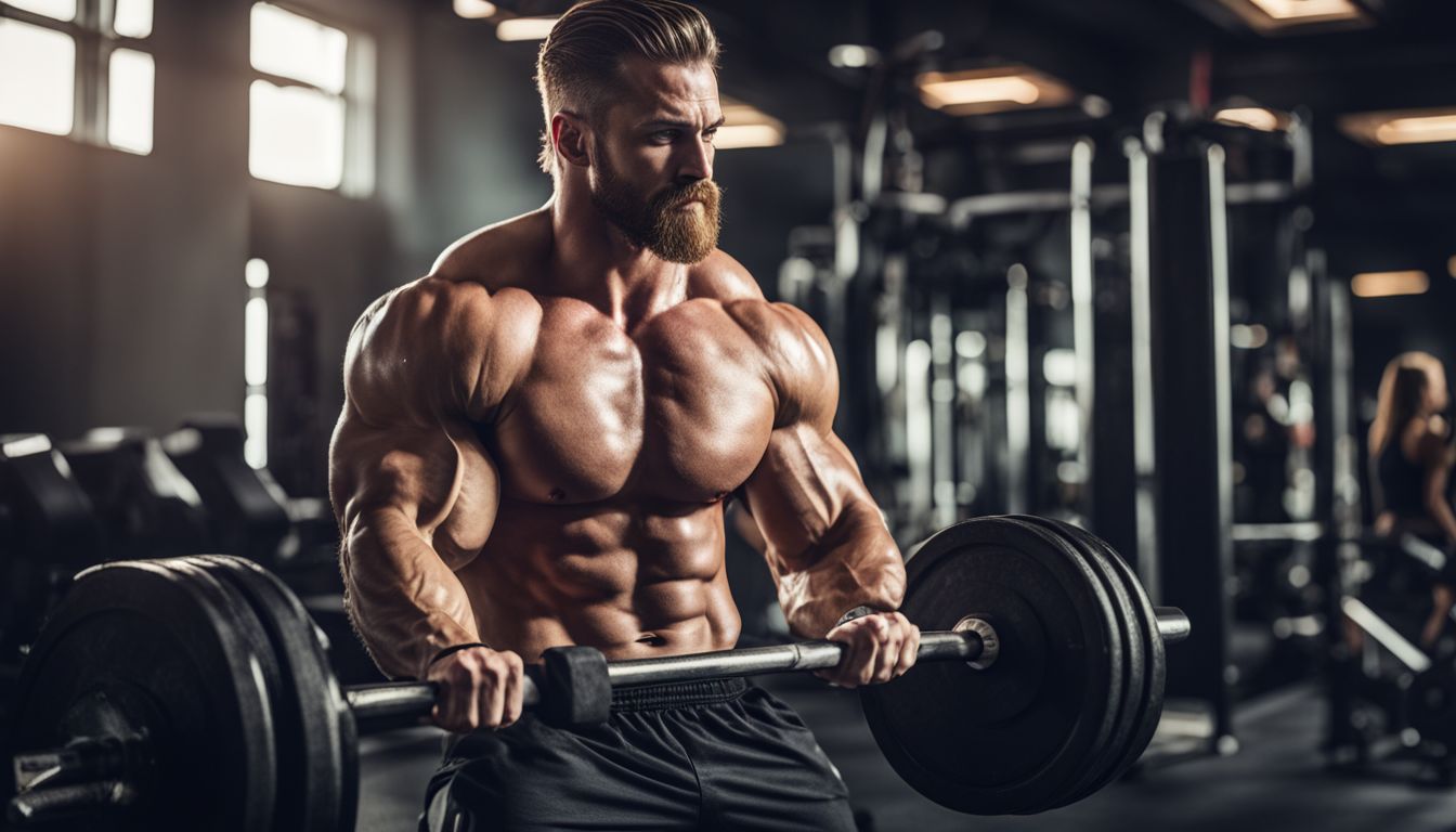 A muscular man working out in a well-equipped gym.