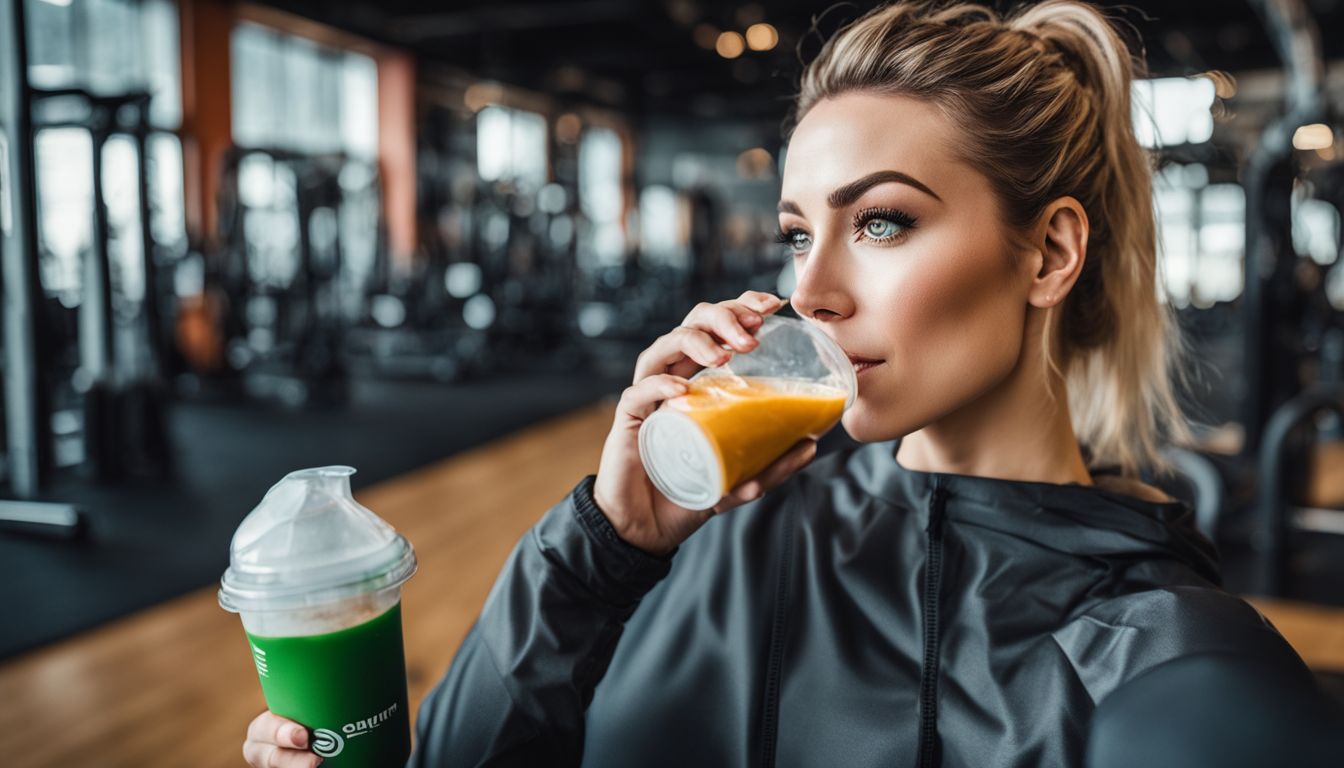 A woman drinking protein shake surrounded by muscle building supplements in gym.