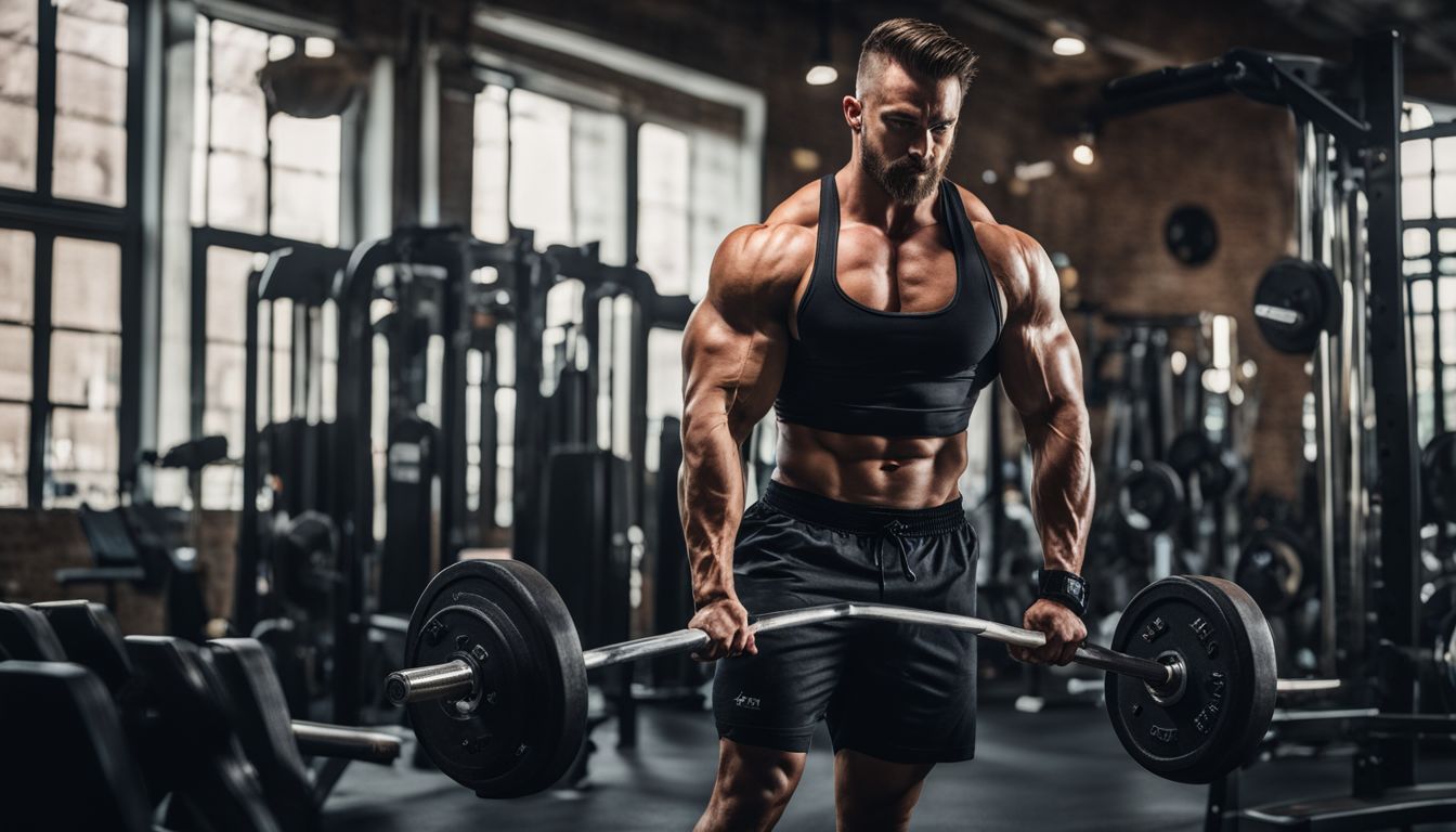 A man lifting weights in a gym surrounded by muscle-building supplements.