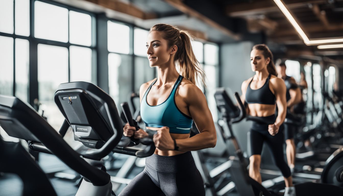 A modern gym with diverse workout equipment and people exercising.