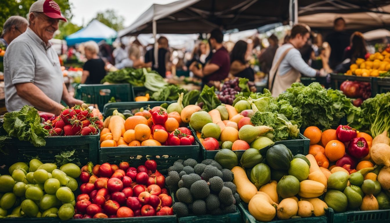 A vibrant assortment of fresh fruits and vegetables at a bustling farmer's market.