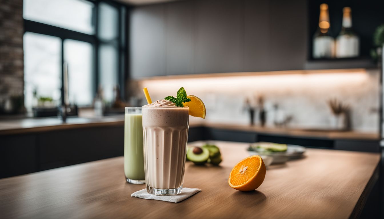 A glass of post-workout protein shake on a modern kitchen counter.