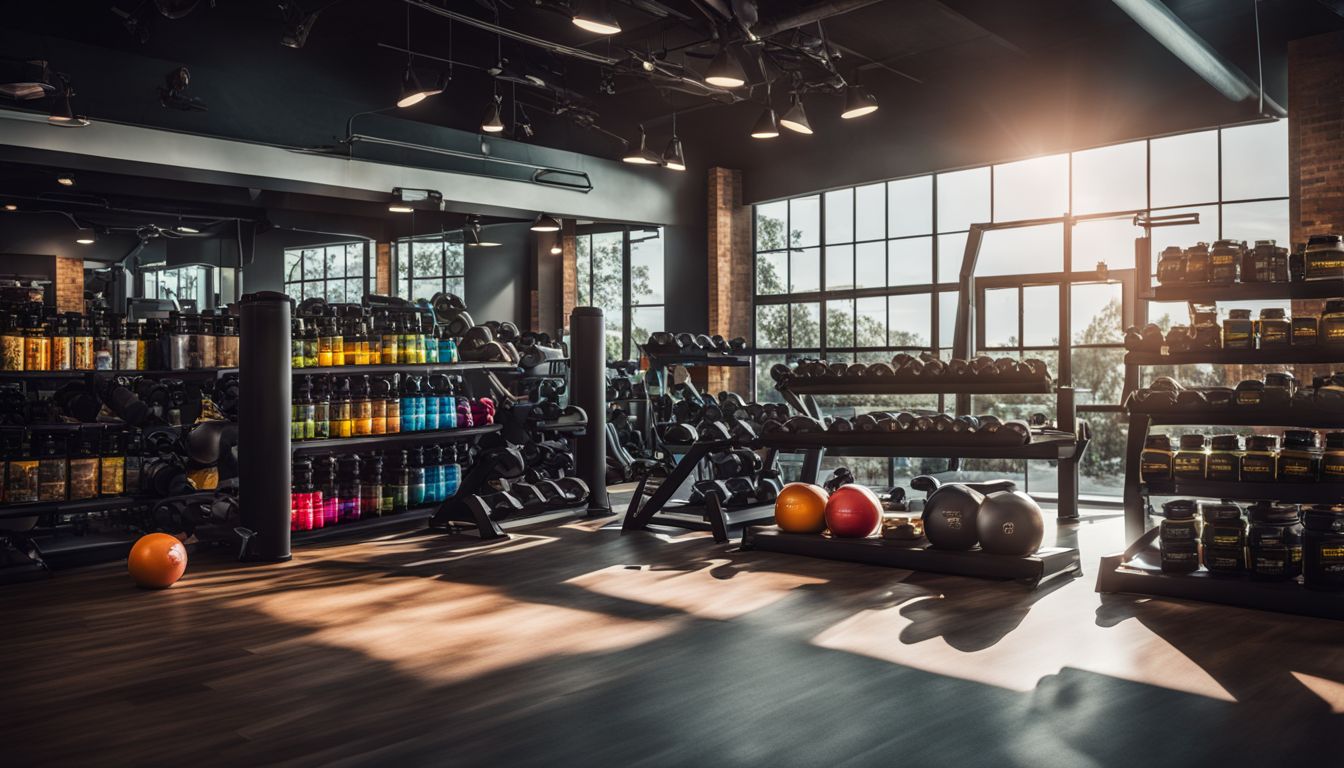 A vibrant gym with workout supplements on display and diverse gym-goers.