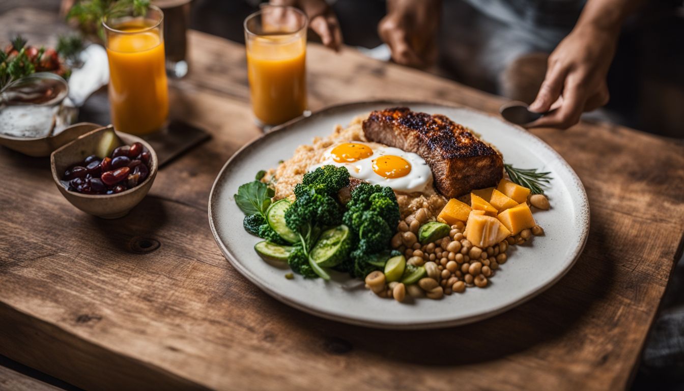 A plate of assorted protein-rich foods on a rustic wooden table.