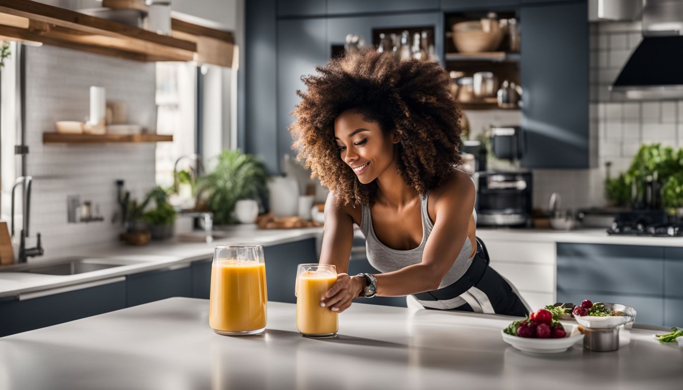 A person preparing a protein shake in a modern kitchen.