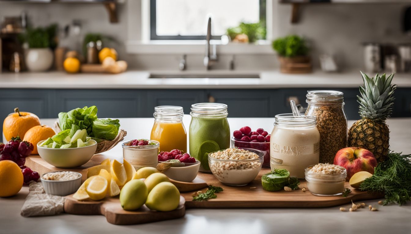 A variety of healthy, low-calorie foods arranged on a kitchen counter.