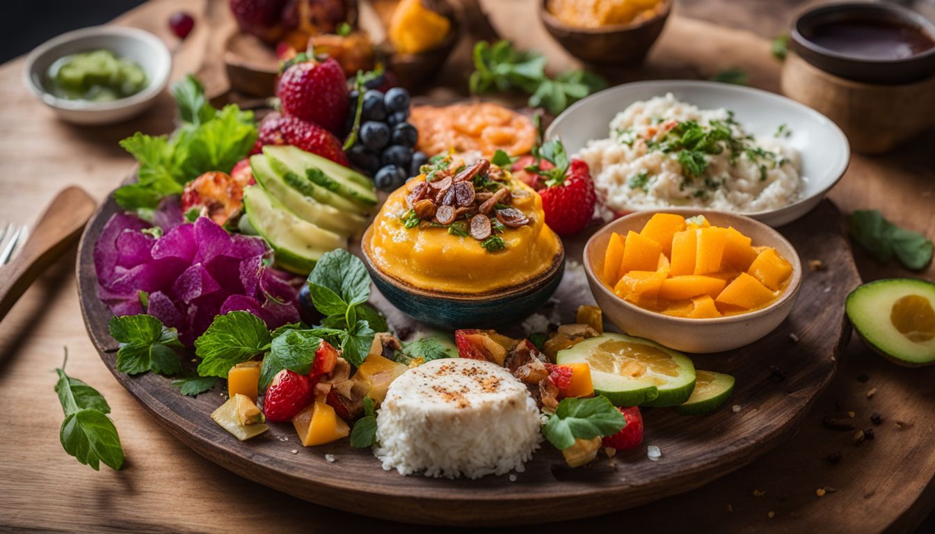 A plate of balanced, colorful, nutritious food on a wooden table.