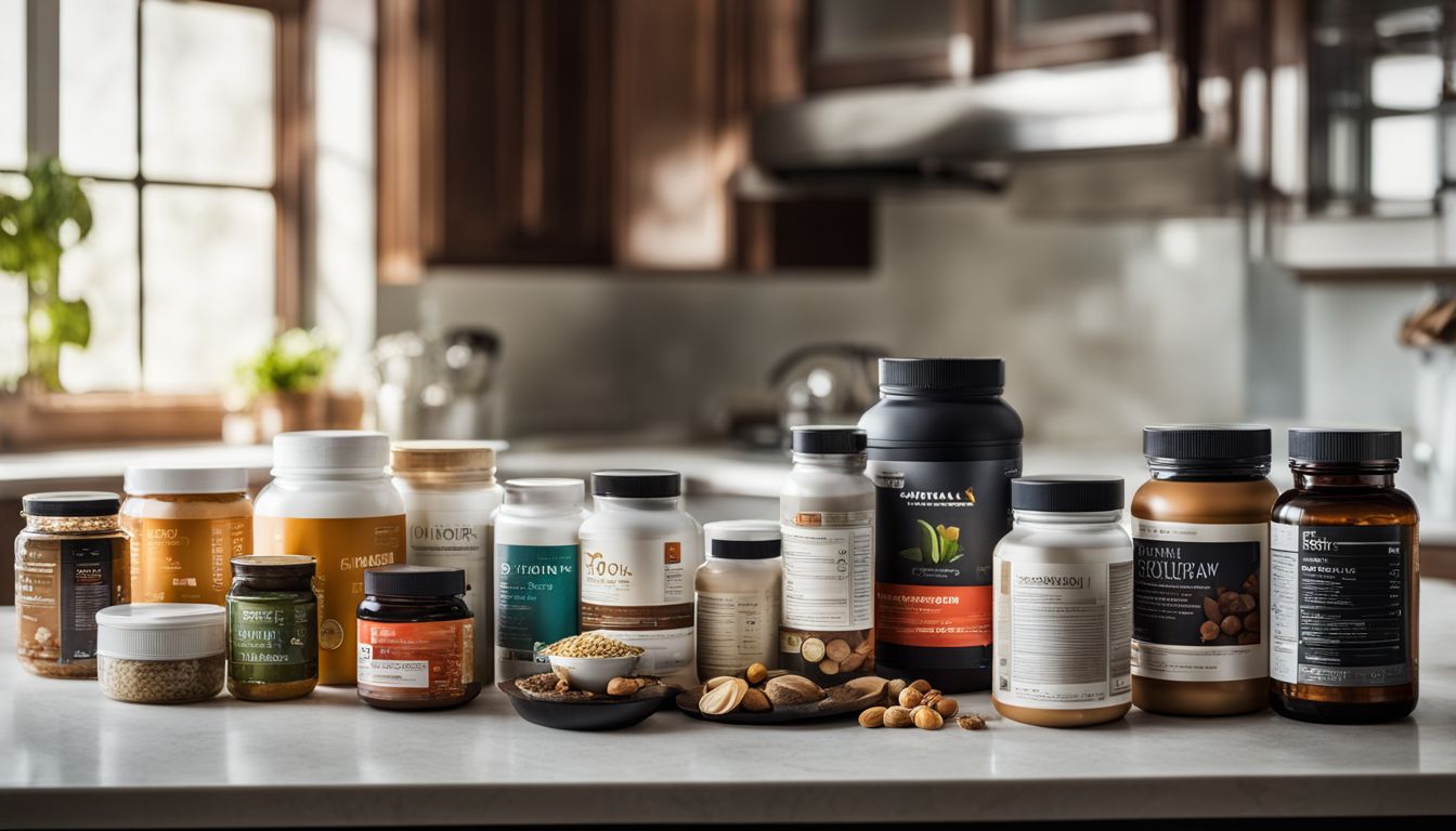A collection of various supplements on a modern kitchen countertop.