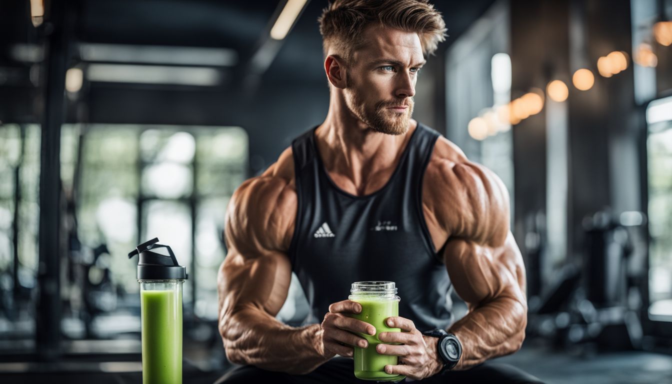 A muscular athlete drinking vegan protein shake after workout in gym.