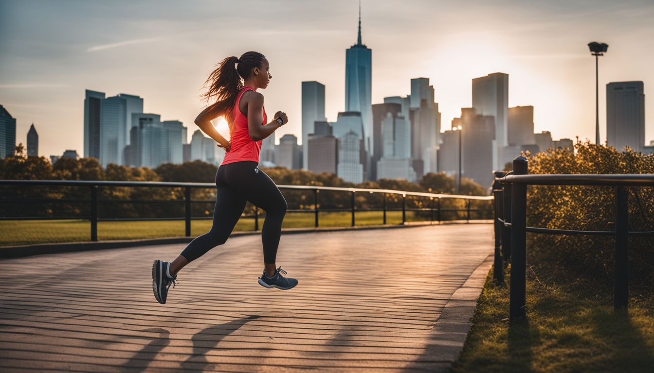 A person jogging in a city park with a skyline background.