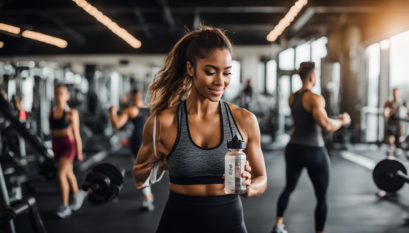 A person exercising in a gym while holding a bottle of fat burner.