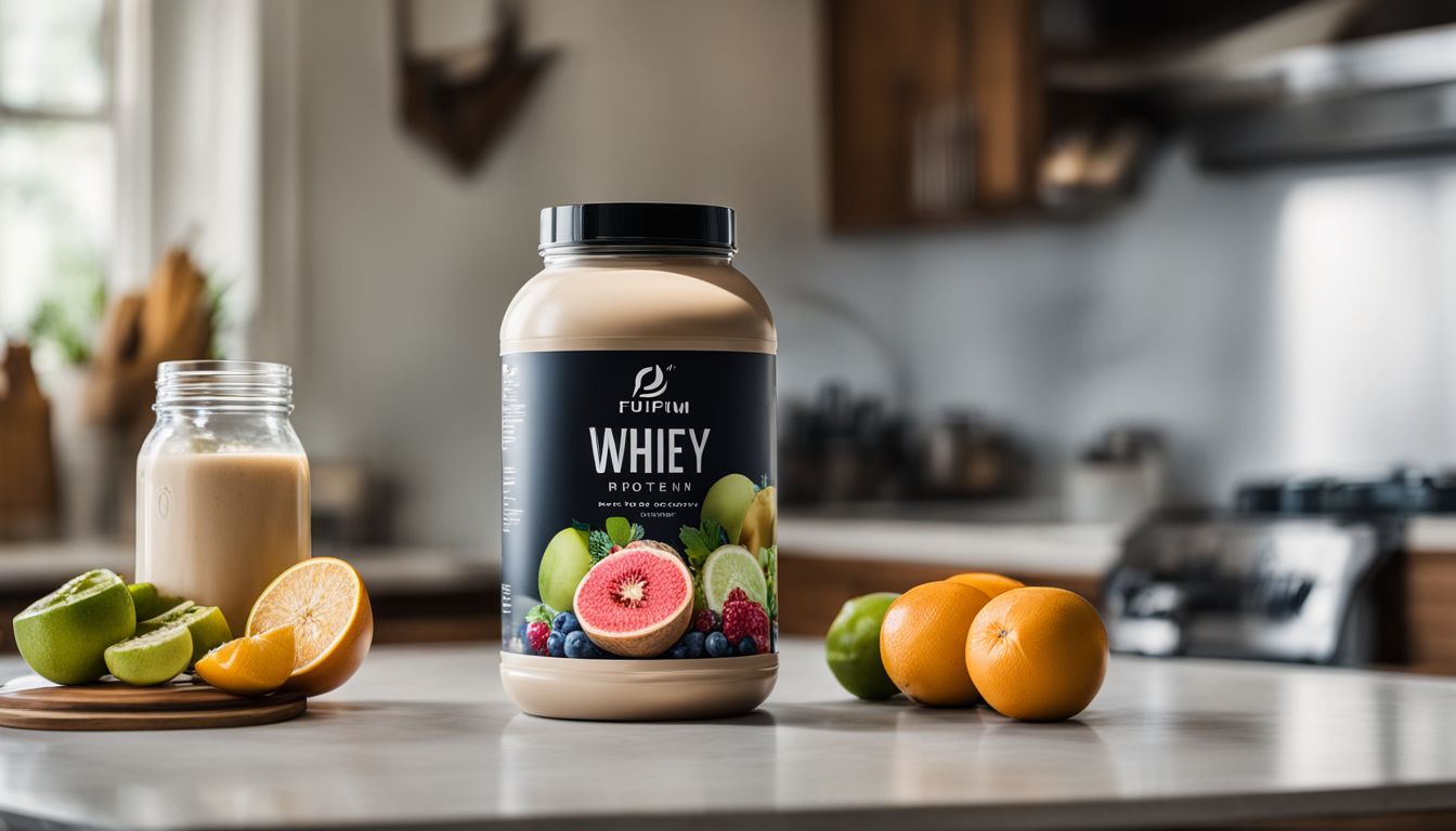 A jar of whey protein powder on a kitchen counter with fresh fruits and a blender.