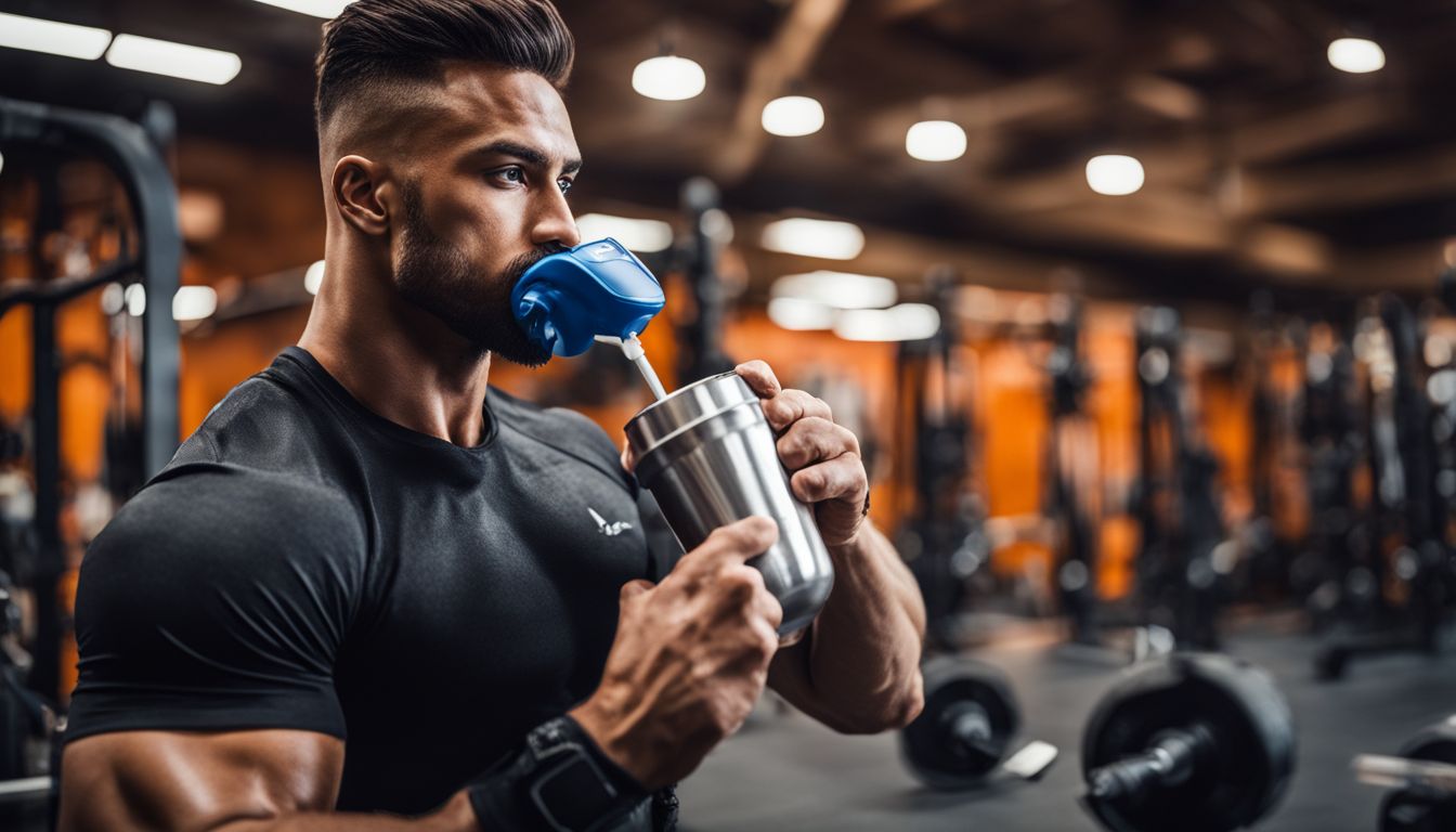 A man drinking protein shake in gym, with various facial expressions.