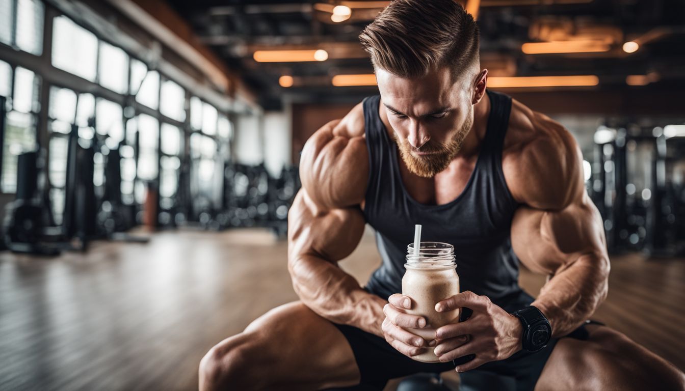 A muscular athlete drinking a whey protein shake in a gym.